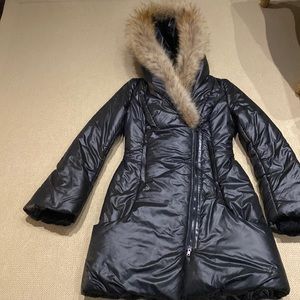 Mackage black 3/4 length coat size Small with genuine fur trim on hood